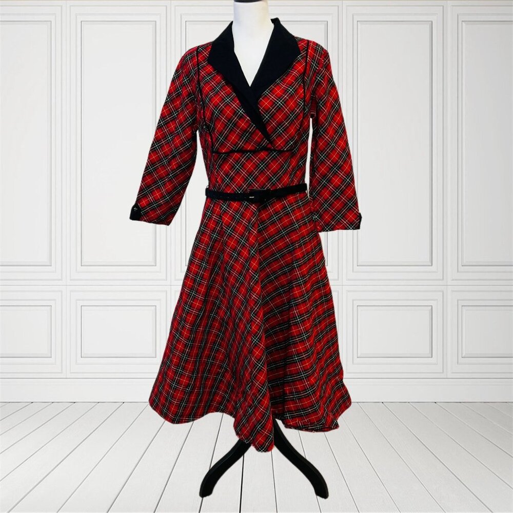 Unique Vintage Swing Midi Dress Check Fit & Flare Princess Stretch Pockets XL